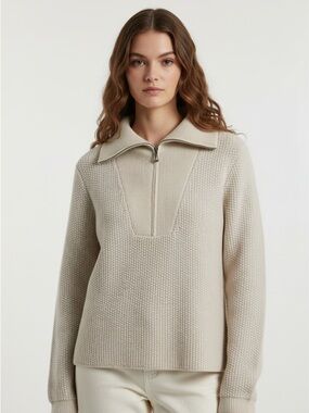 Relaxed Cream Half-Zip Textured Turtleneck Sweater